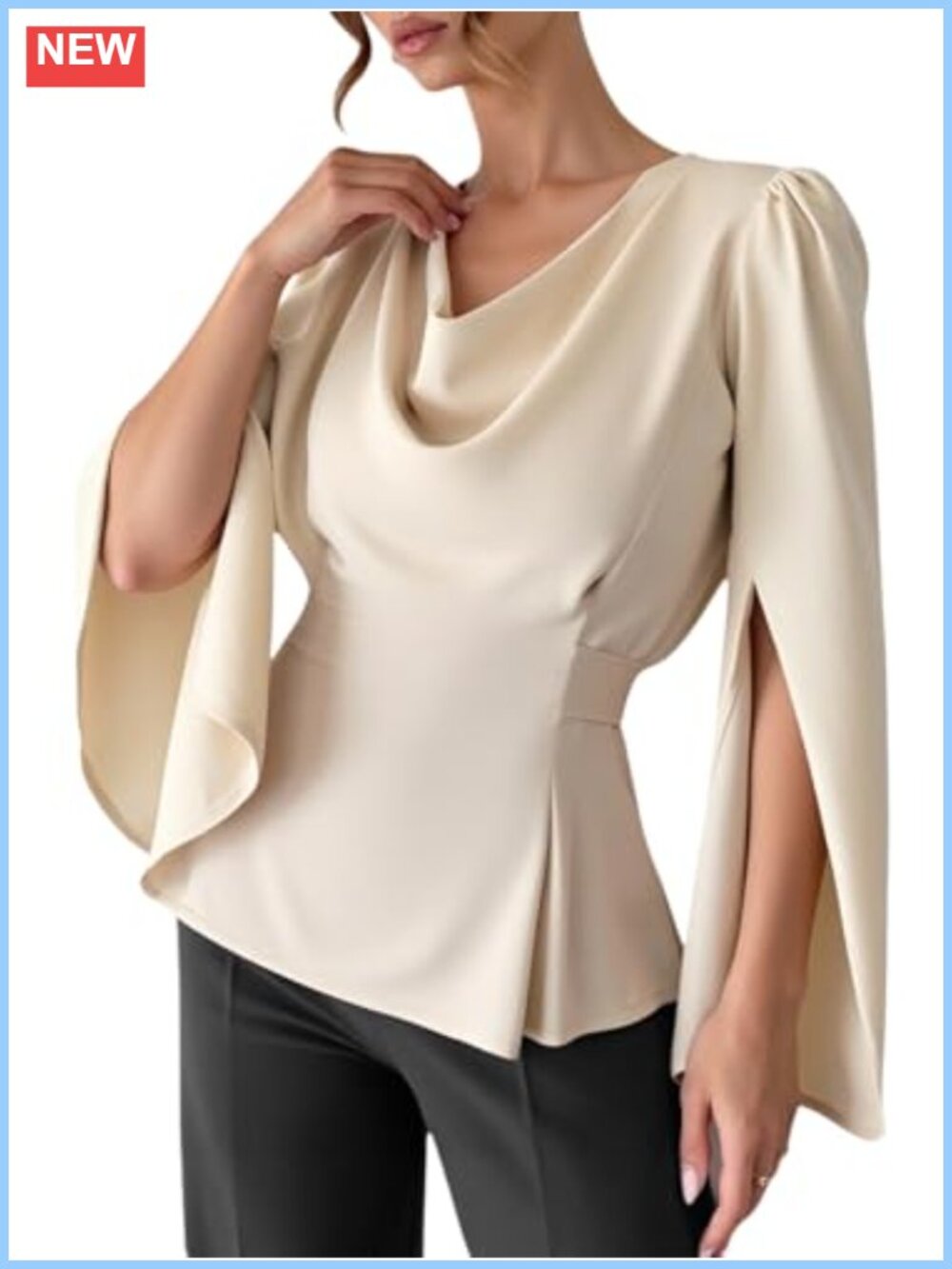 Satin Cowl Neck Blouse Split Sleeve Peplum Tie Back Long Sleeve Top